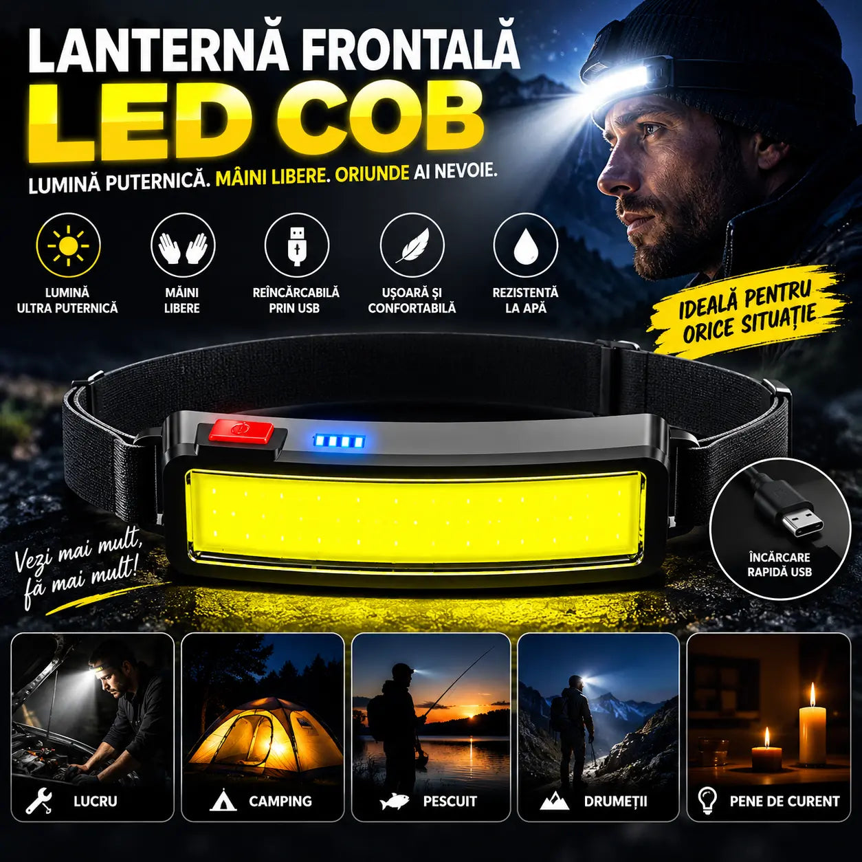 LumiBand™ - Lanterna Frontala COB Reincarcabila USB cu Fascicul Lat